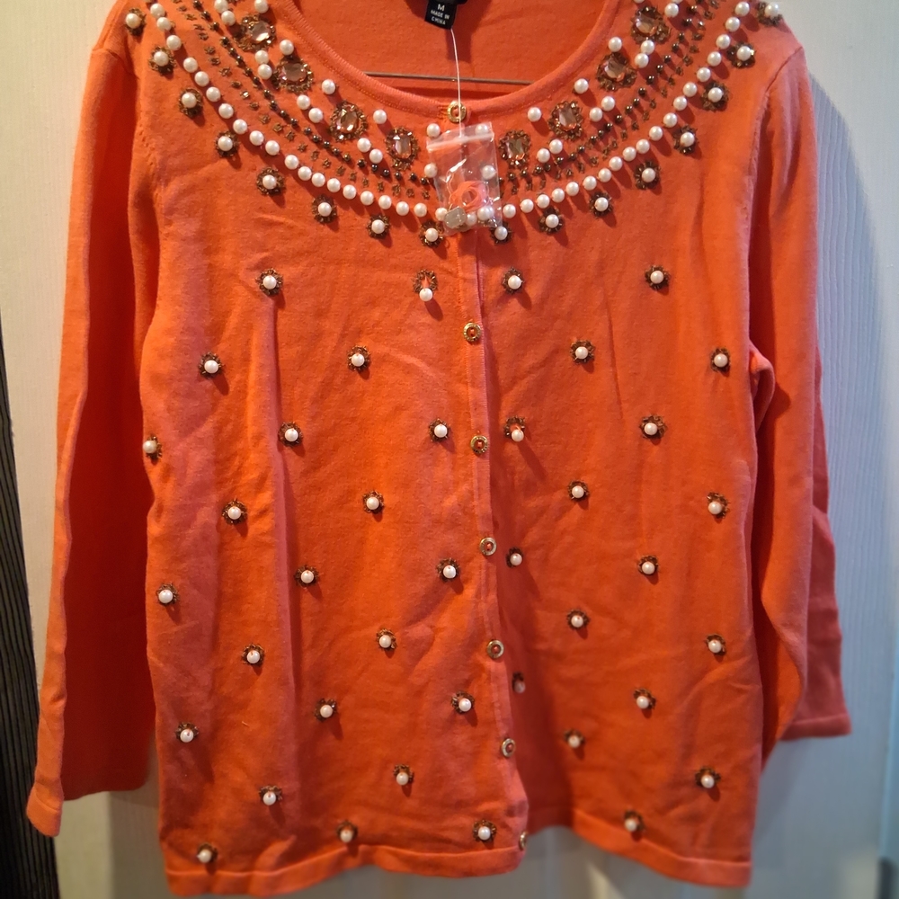 Isaac Mizrahi Embellished Orange Cardigan Sweater